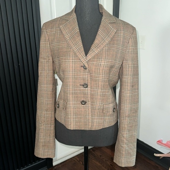 BCBG MAXAZRIA Plaid Wool Mahogany Elbow Patch Flap Pockets Blazer - Picture 4 of 10